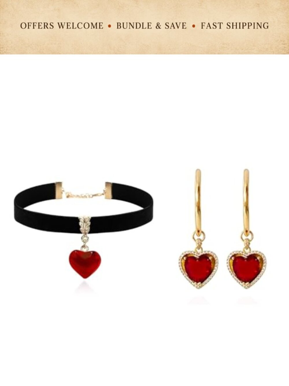 Heart Choker Necklace & Pearl Earrings Set Gothic Costume Jewelry